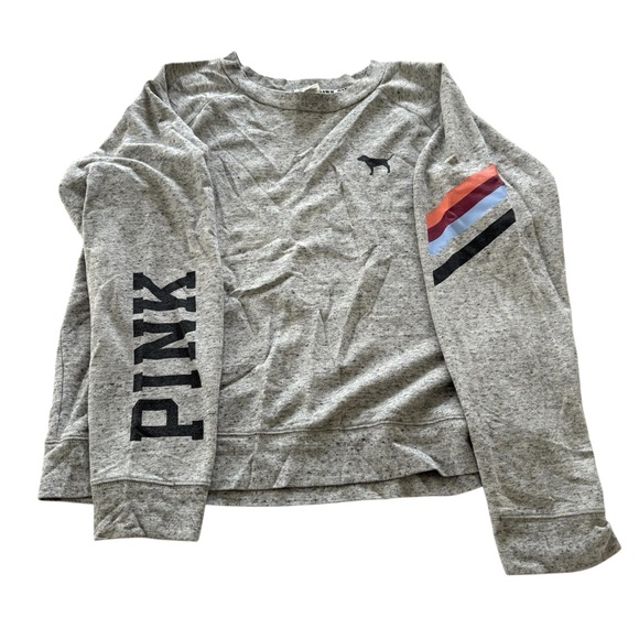 NWOT PINK Victoria’s Secret Heather Gray Sweatshirt logo Stripe Sleeve SZ M - Picture 3 of 12
